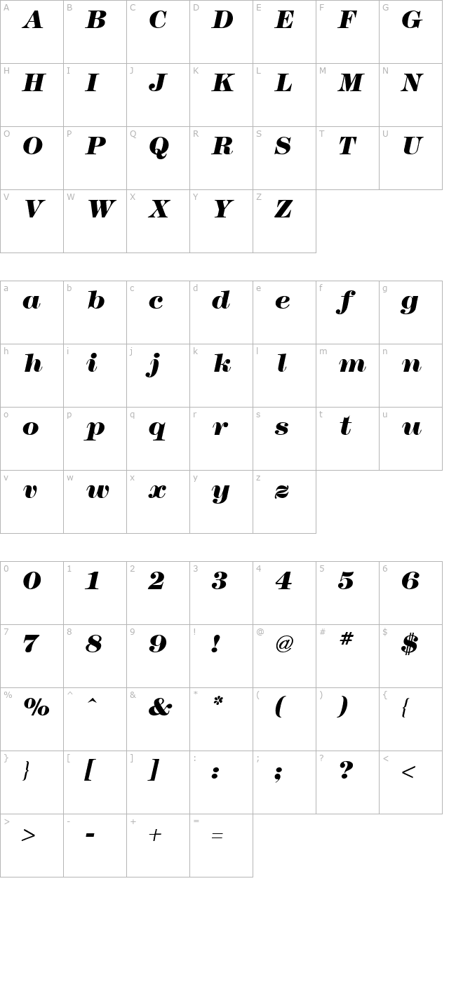 Modern No. 216 Heavy Italic character map