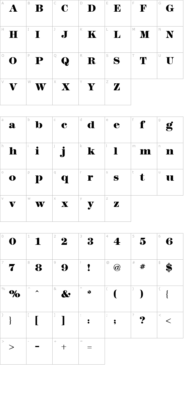 Modern No. 216 Heavy Regular character map