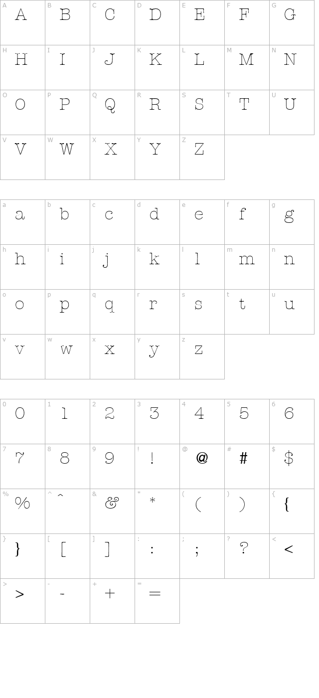 ModernTypewriterLight-Regular character map