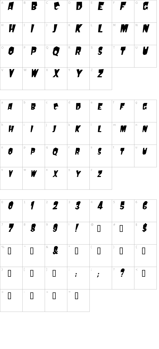 Mondo Oblique character map