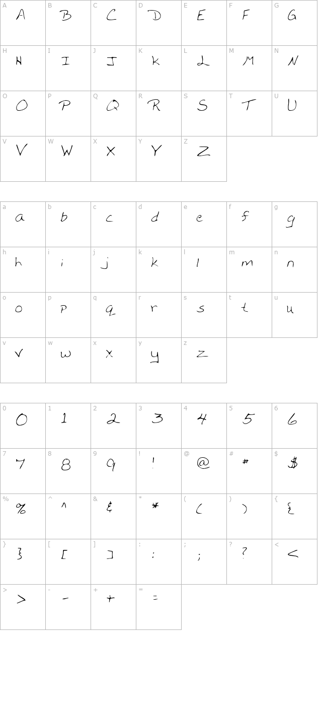 MonicasHand Regular character map