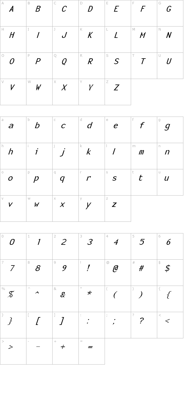 Monotony Italic character map