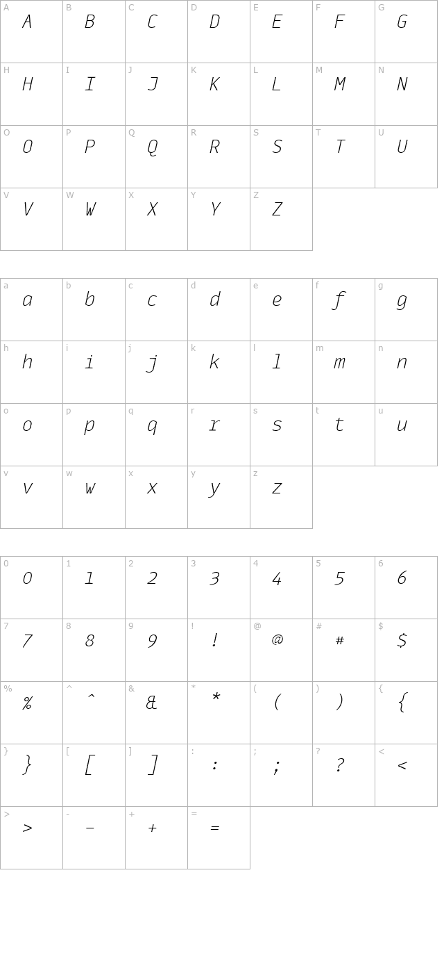 monoxextralightitalic character map