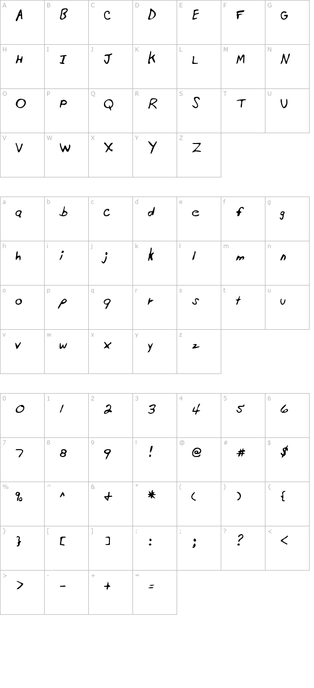 MontysHand Regular character map