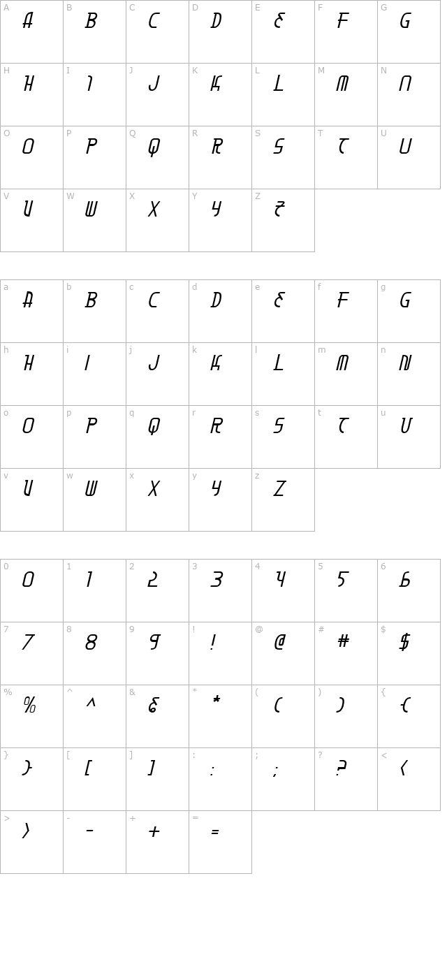 Moon Dart Italic character map