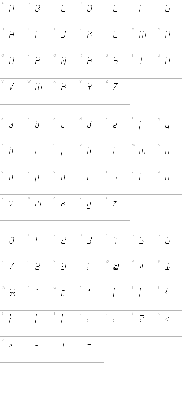 Moondog Zero Italic character map