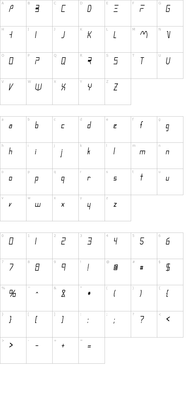 MoonwalkerCondensed Oblique character map