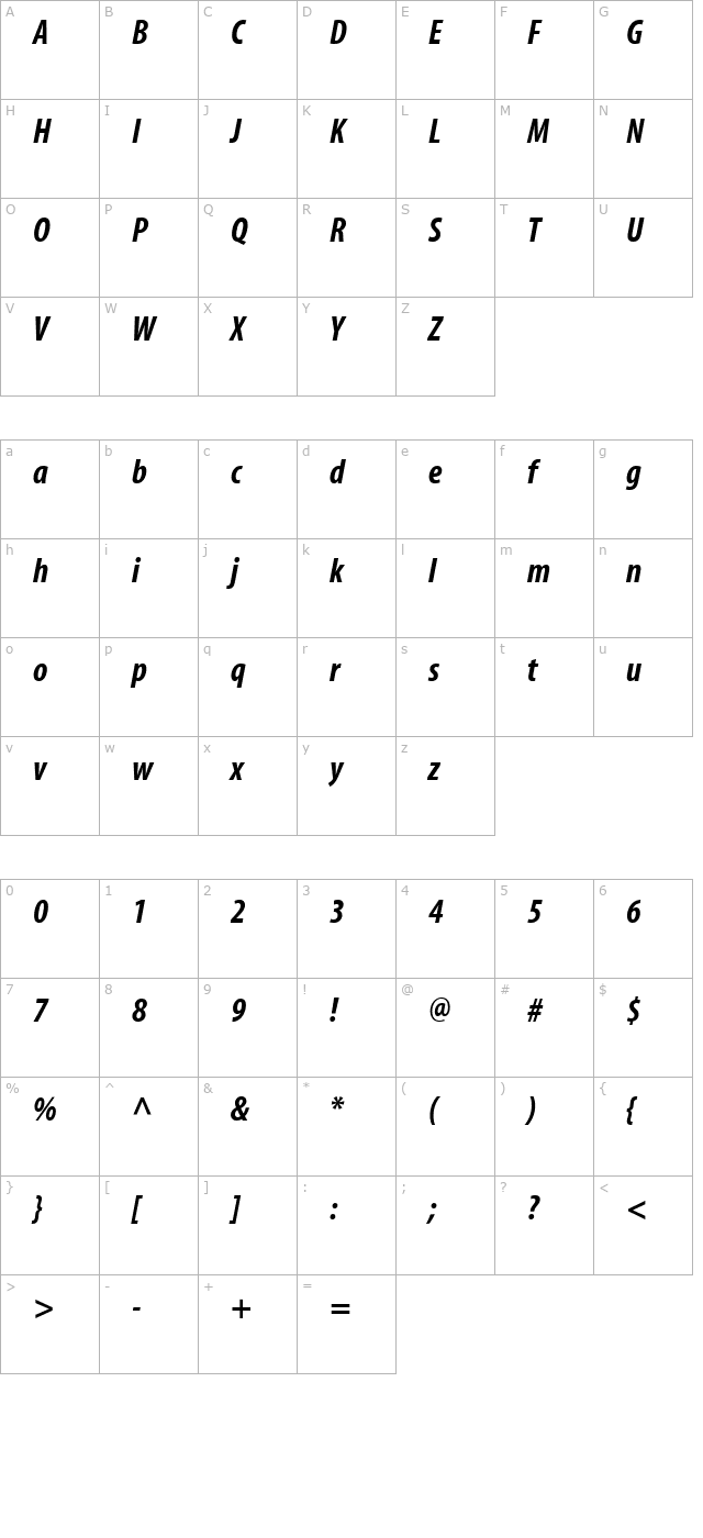 MyriadCn-Bold Italic character map