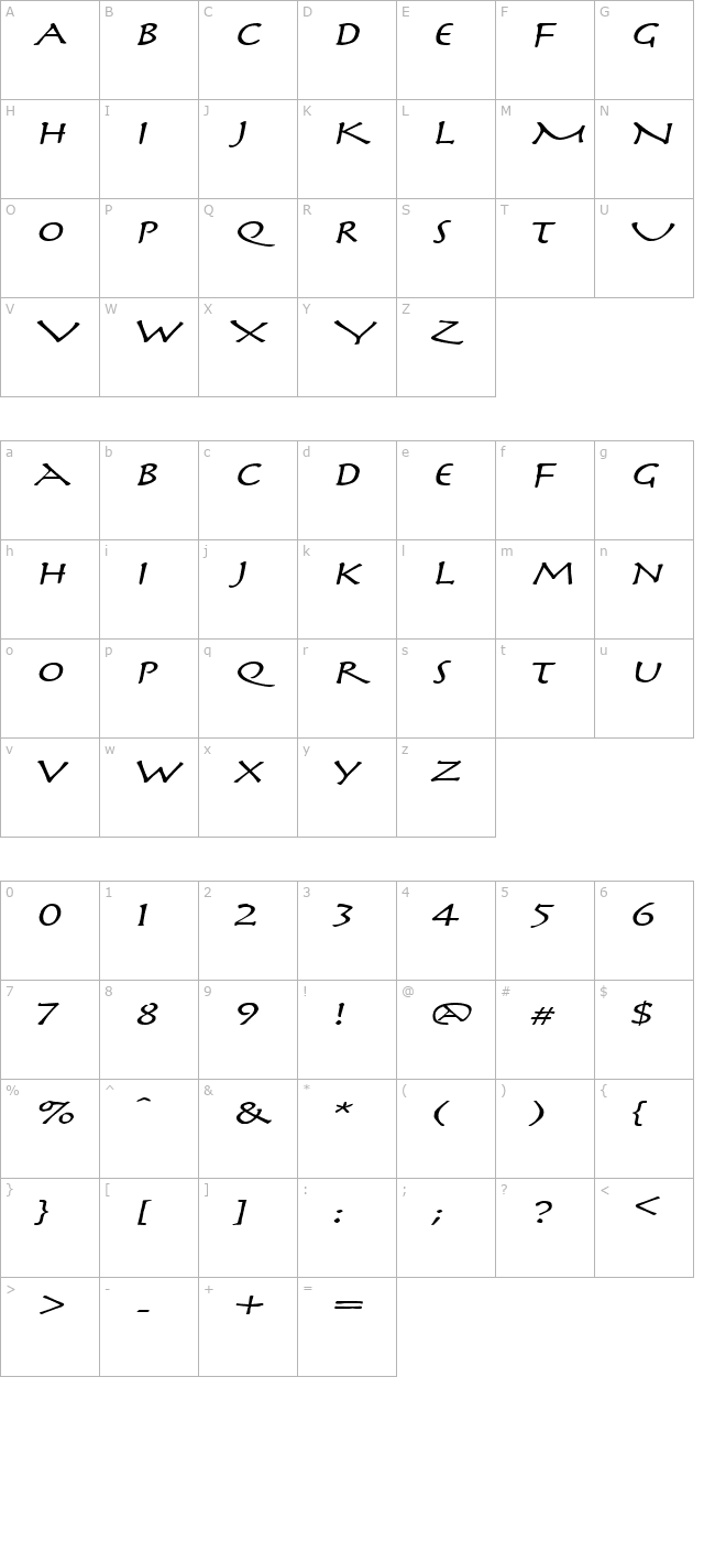 Mythology Extended Italic character map