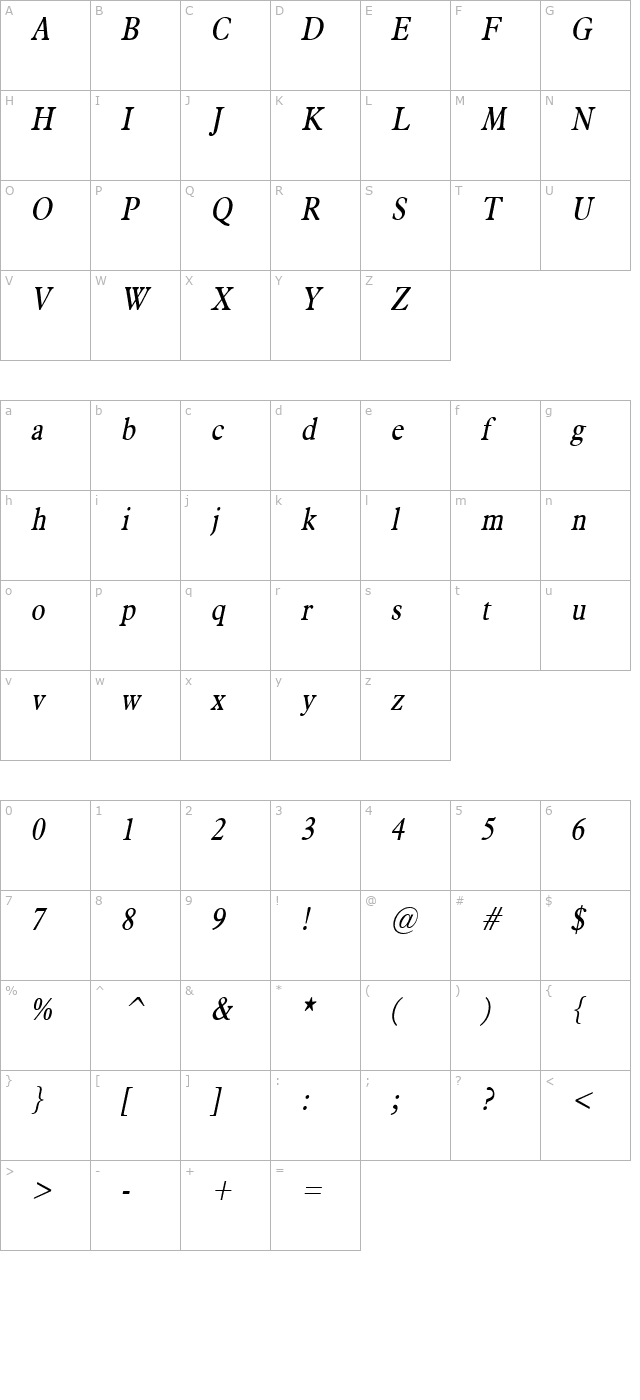 Nadine Condensed Italic character map
