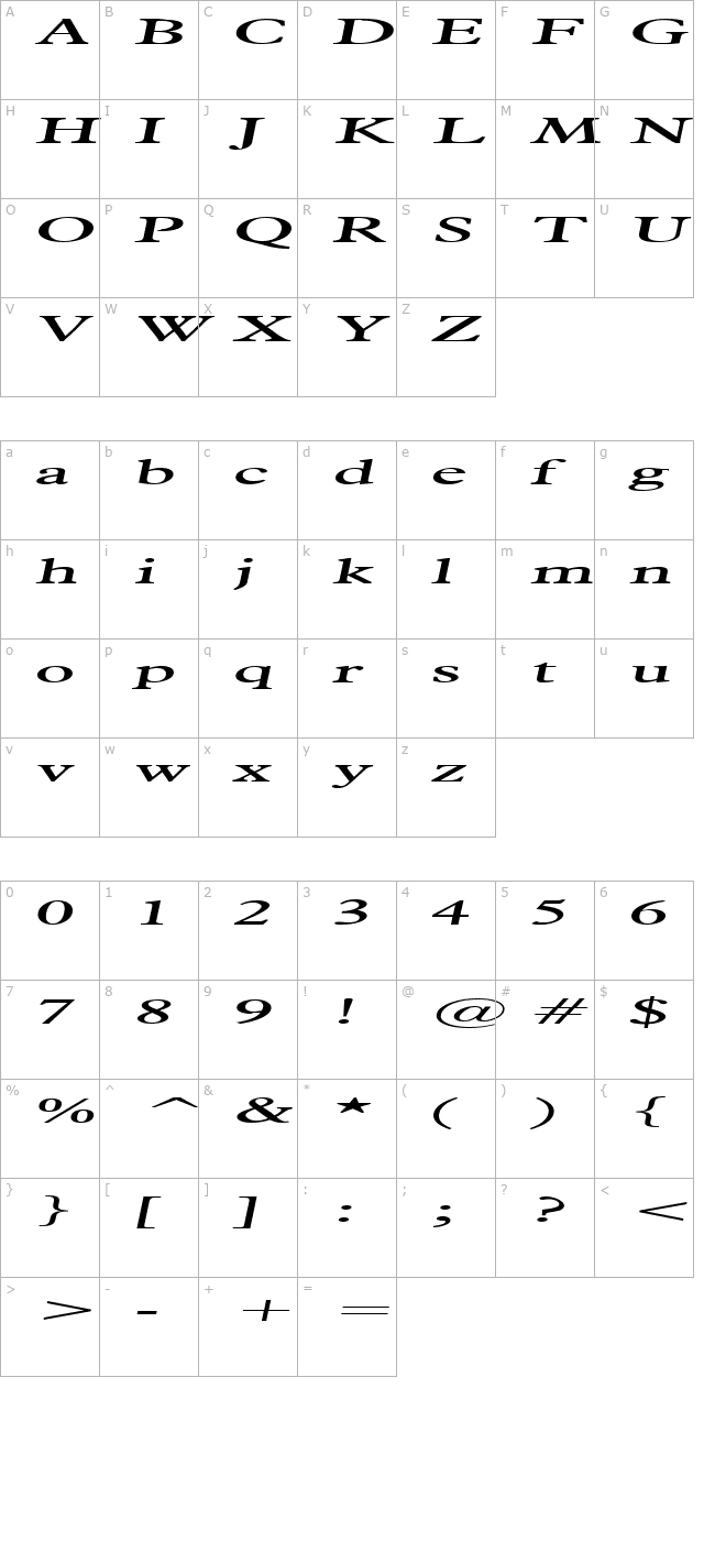 Nadine Extended Italic character map