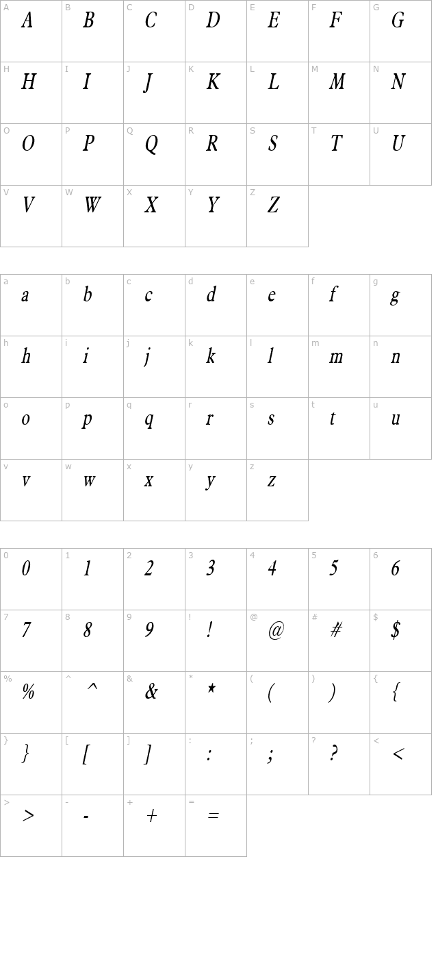 Nadine Thin Italic character map