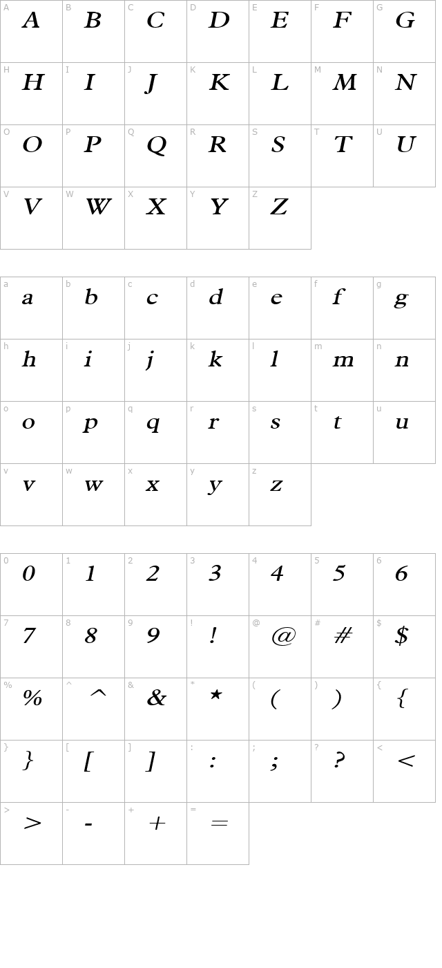 Nadine Wide Italic character map