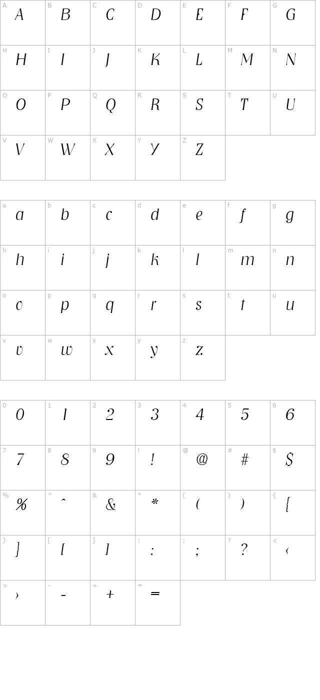 nashville-xlightita character map