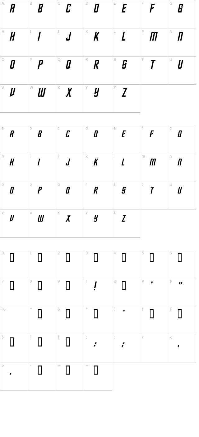Nebula Italic character map