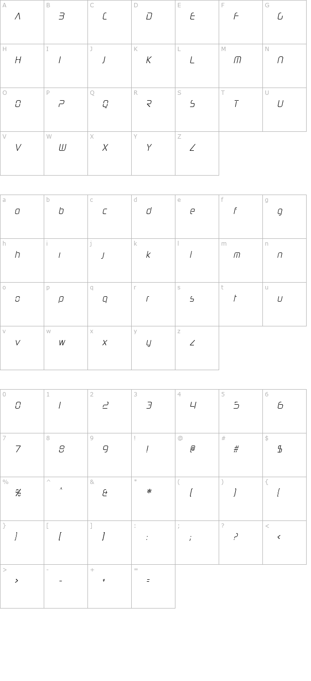 Neuropol Nova Cnd Lite Italic character map