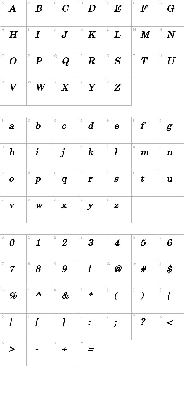 New Boston Wide Bold Italic character map