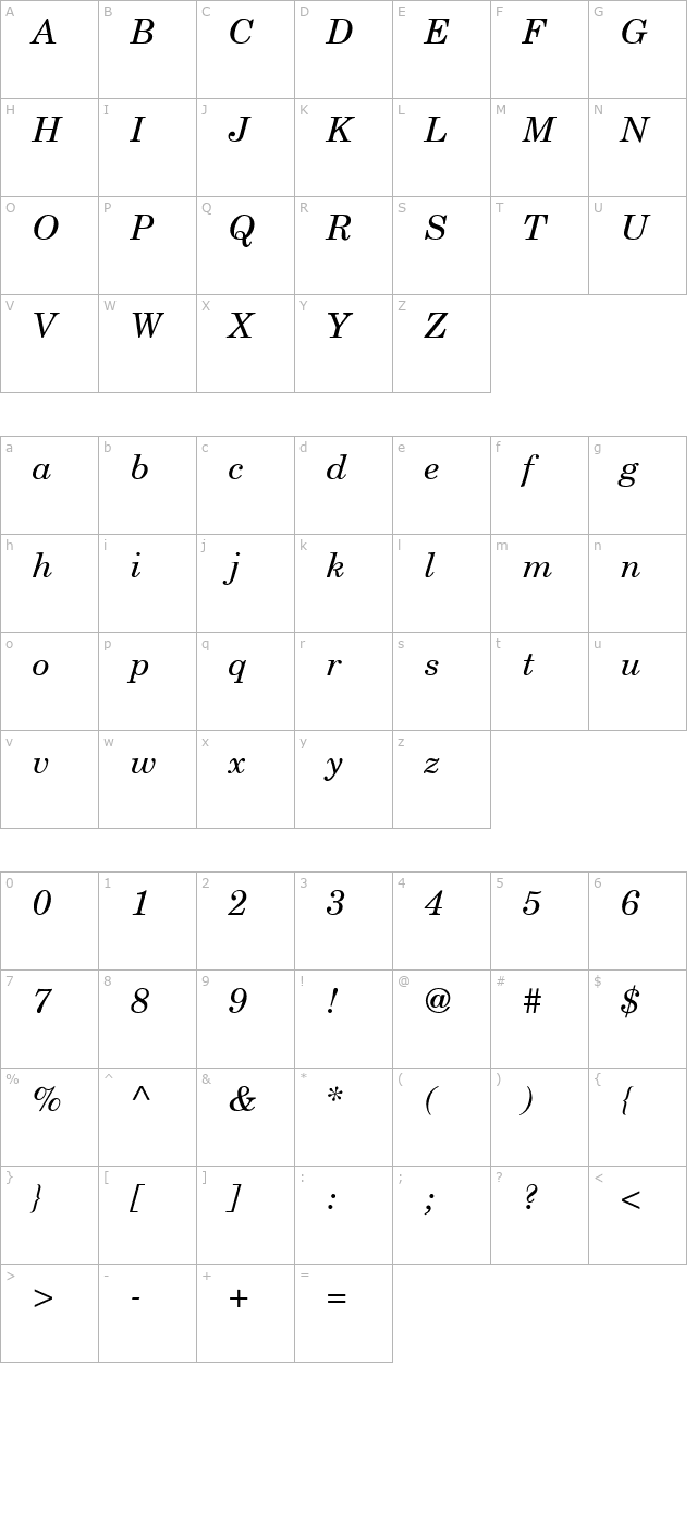 New Yearbook Italic character map