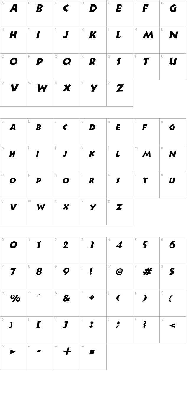 newell-italic character map