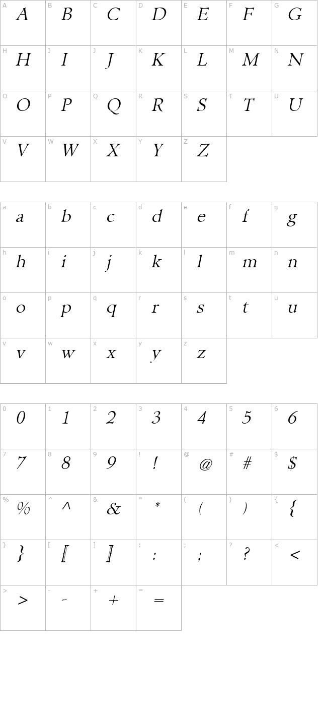 NewHampshireLightItalic character map