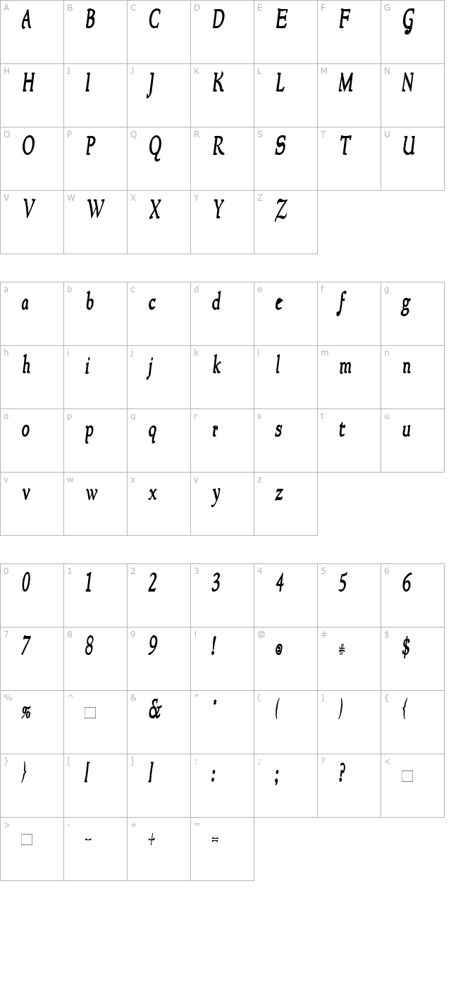 newstylecondensed-bold-italic character map