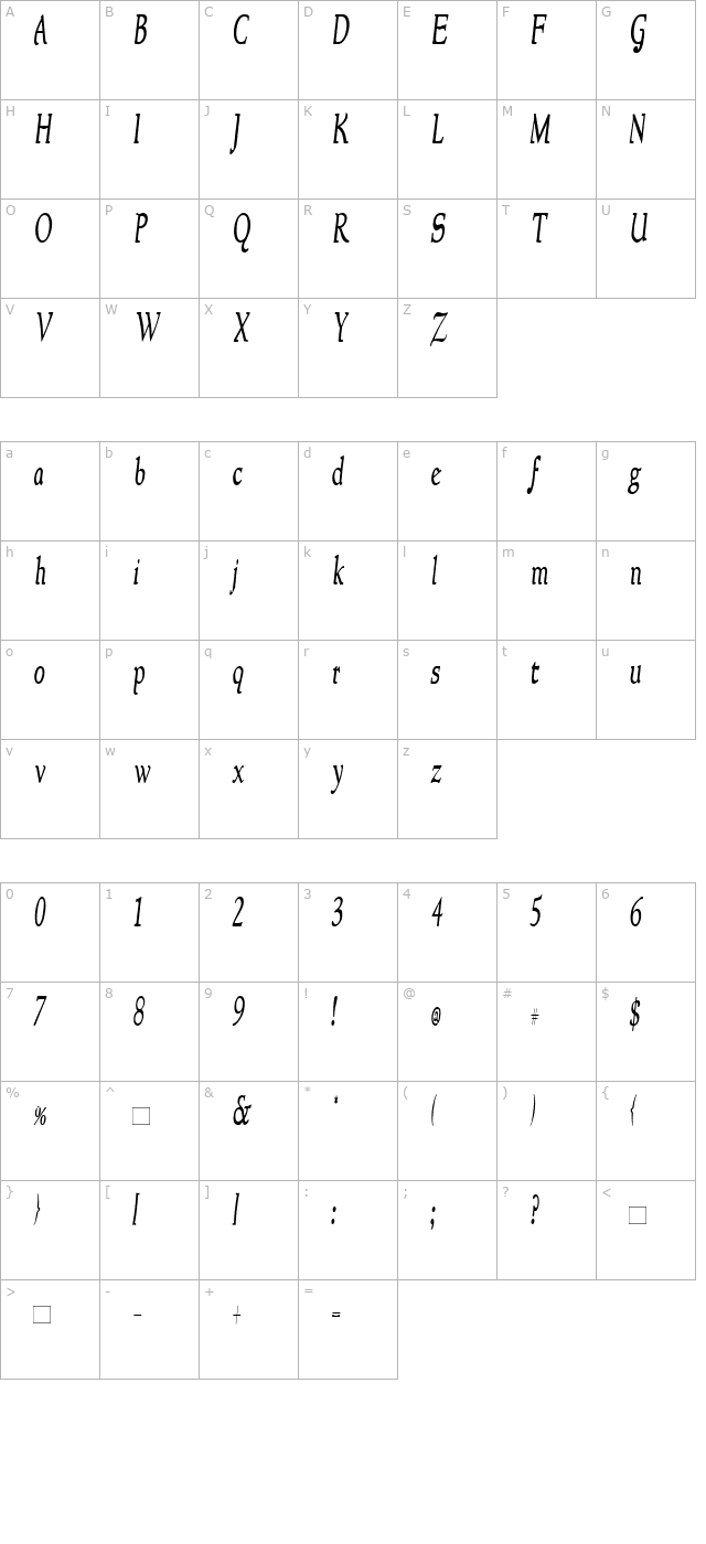 newstylecondensed-italic character map