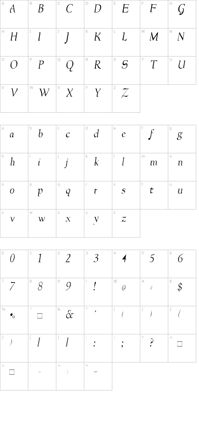 newstylelight-italic character map