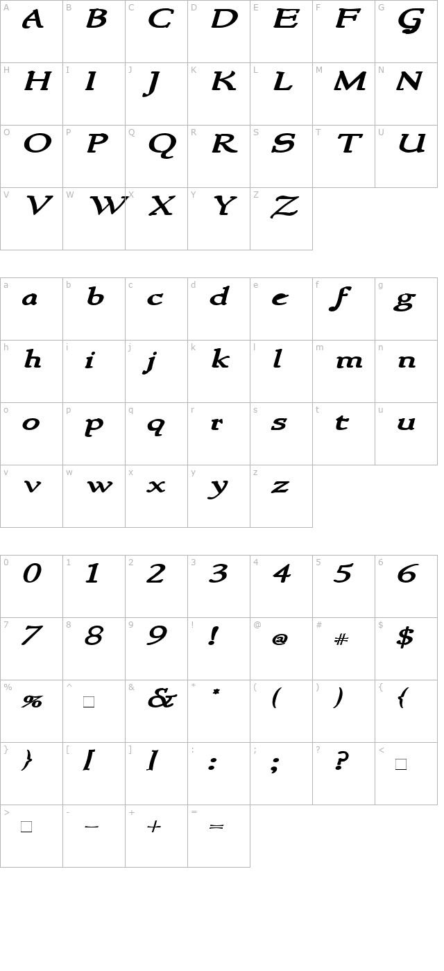 NewStyleWide Bold Italic character map