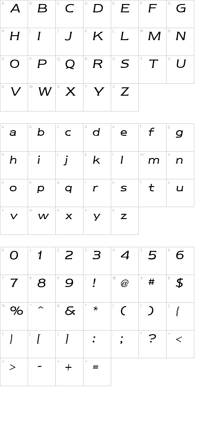 newtext-italic character map