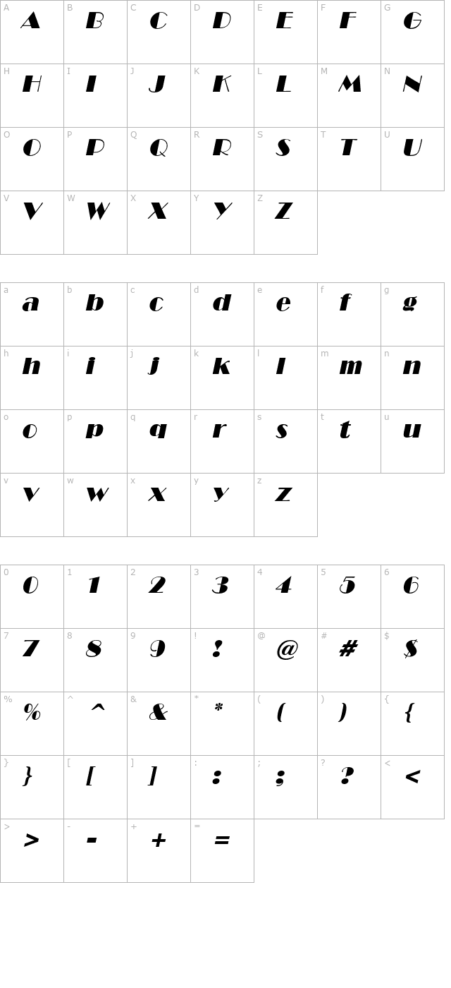 NewYorkDeco Oblique character map