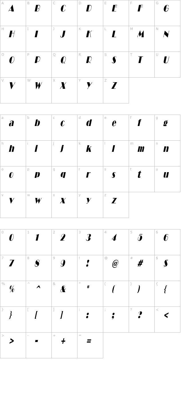 NewYorkDecoCondensed Oblique character map