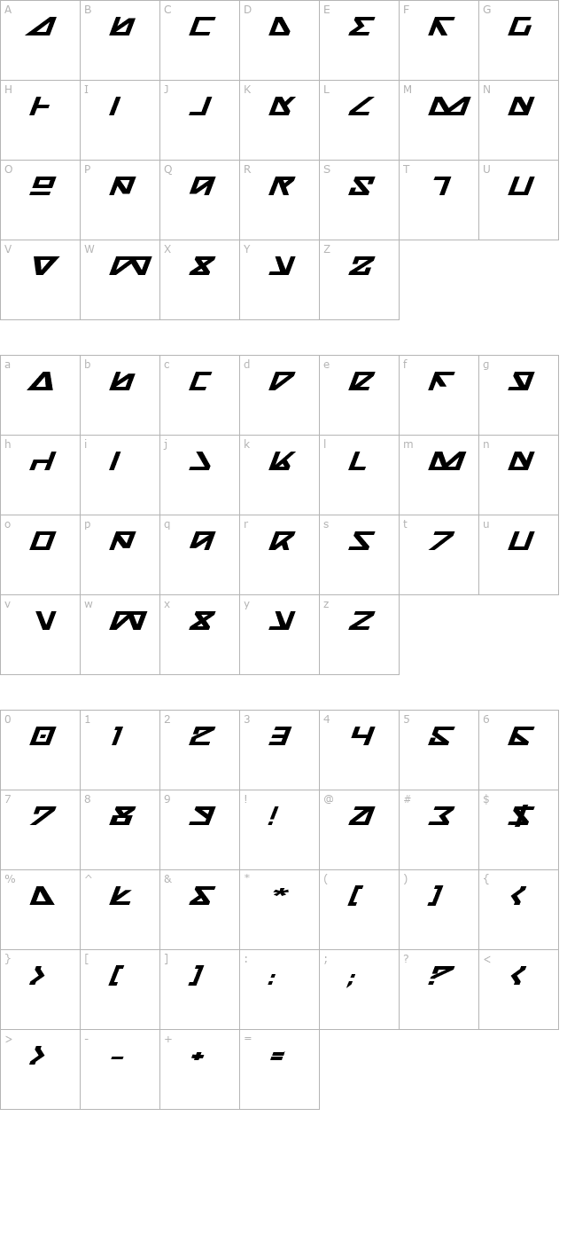 Nick Turbo Bold Expanded Italic character map