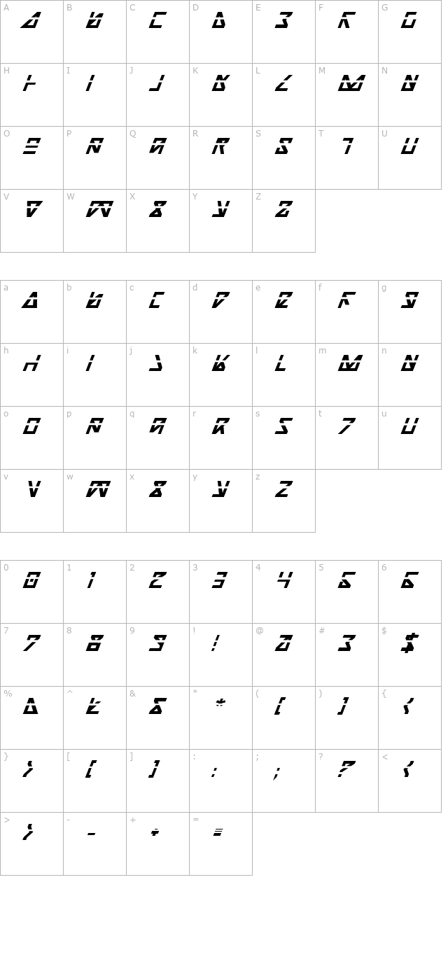 nick-turbo-bold-italic-las character map