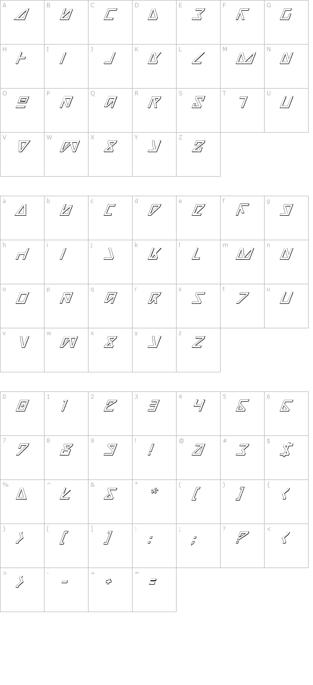 Nick Turbo Italic 3D character map