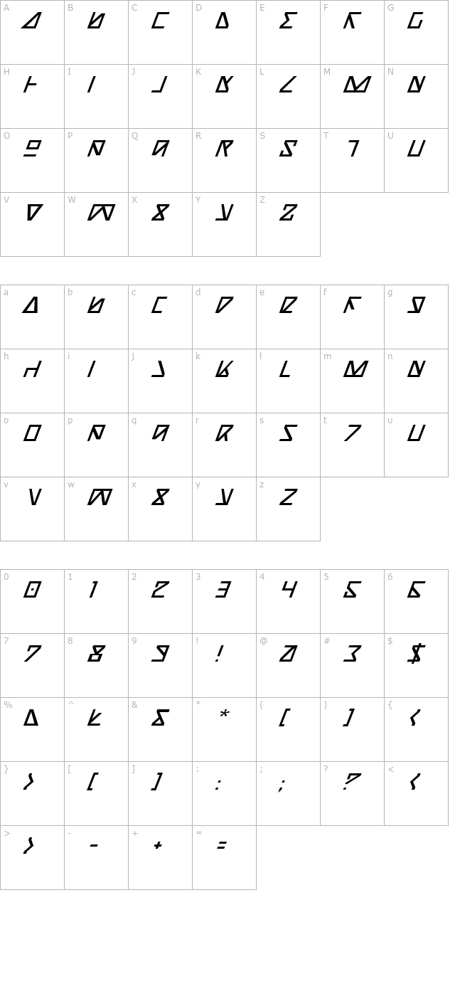 Nick Turbo Italic character map