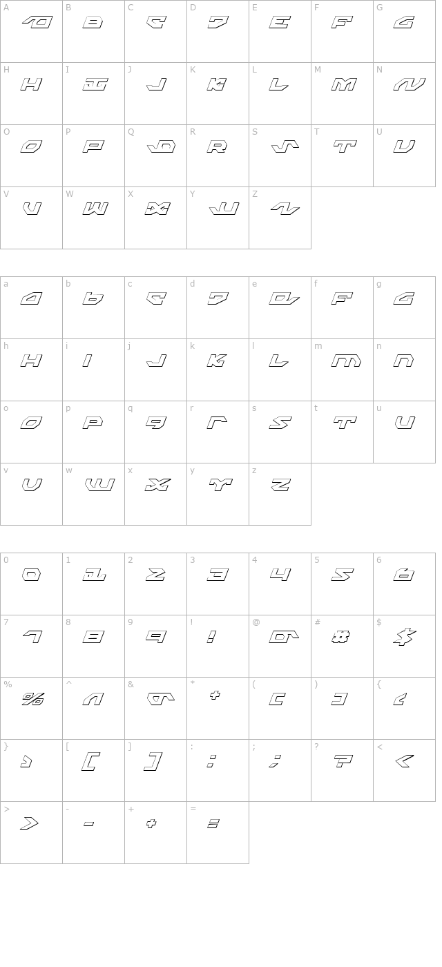 Nightrunner Shadow Italic character map