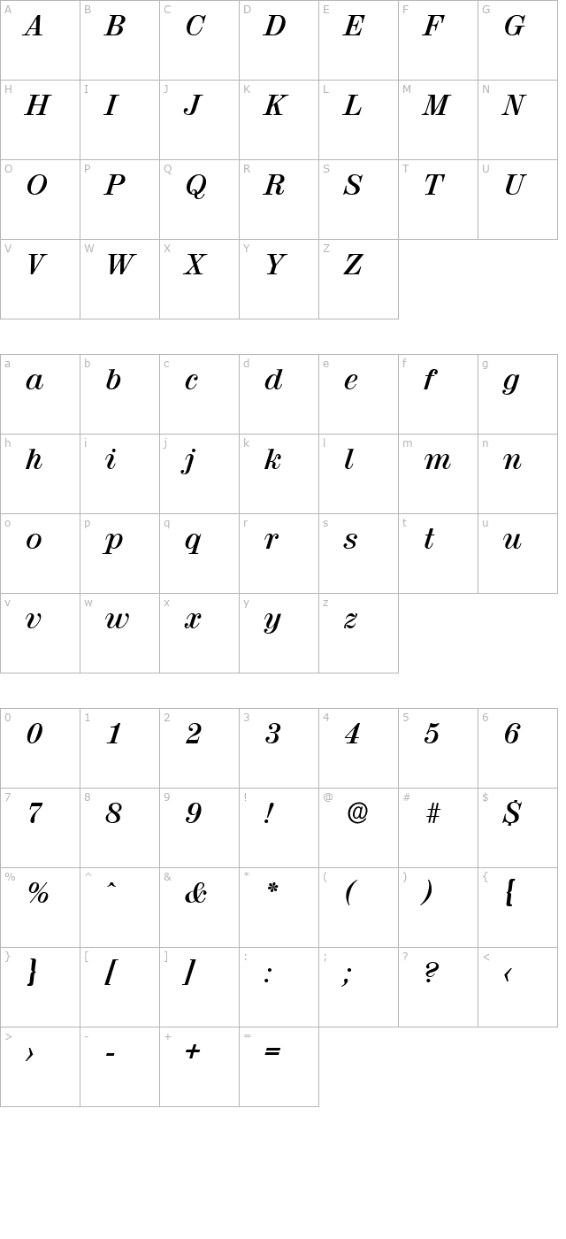 NormanBecker Bold Italic character map