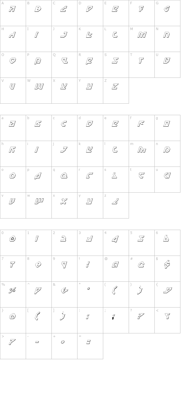 nostromo-3d-italic character map