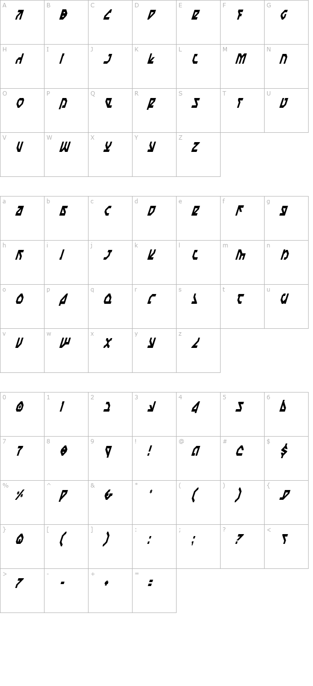 Nostromo Condensed Italic character map