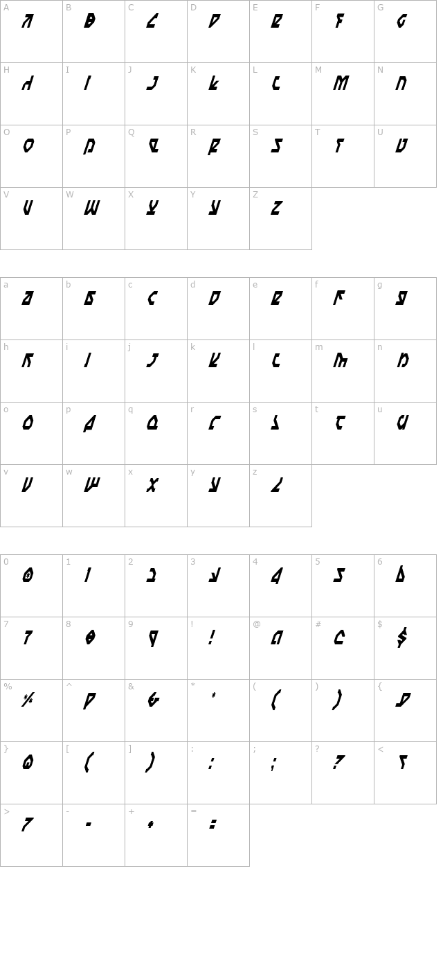 nostromo-condensed-italic character map