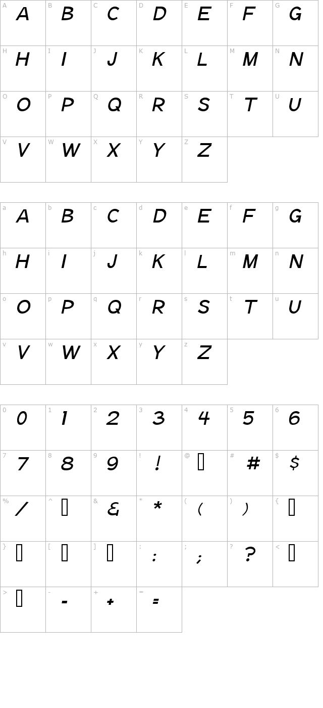 Notation Italic Light JL character map
