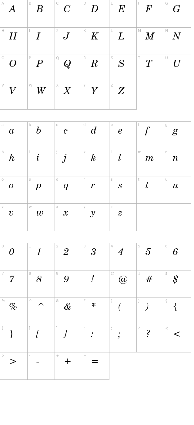 Notebook Italic character map