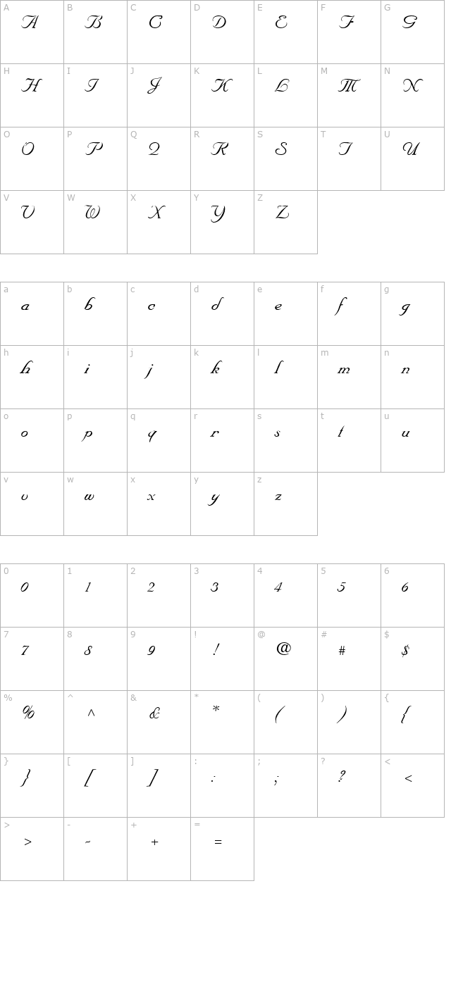 nuptialscript-italic character map