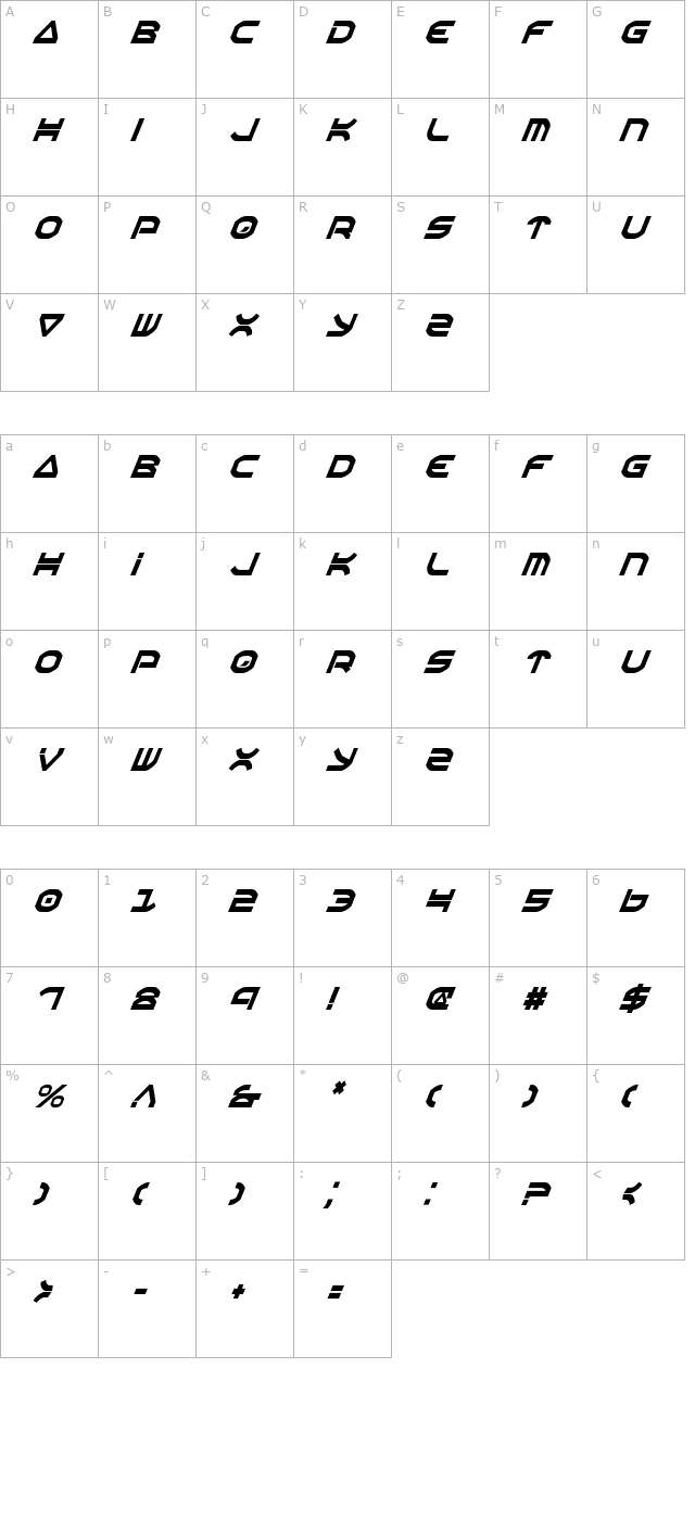 oberon-condensed-italic character map
