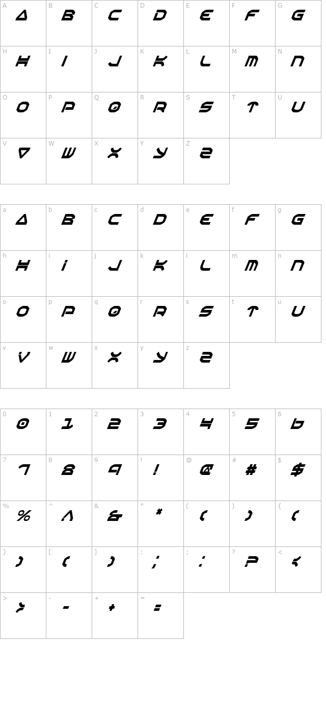 Oberon Condensed Italic character map