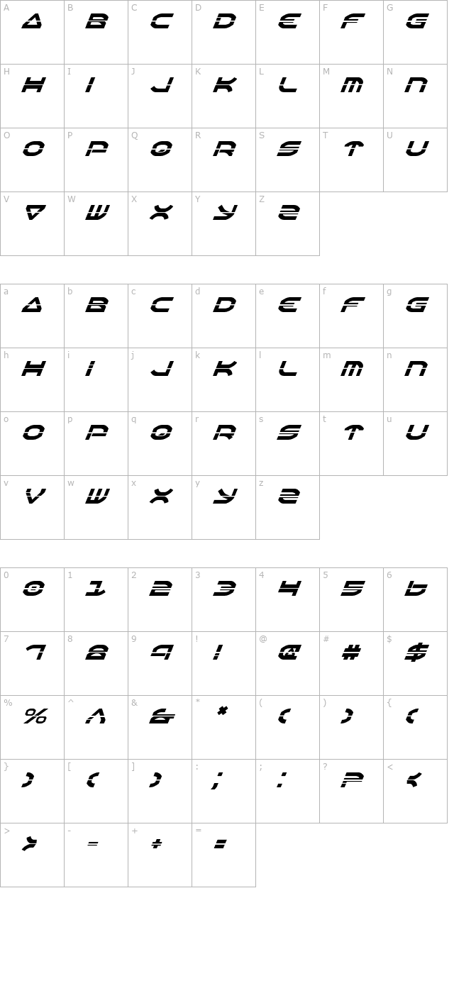 Oberon Laser Italic character map