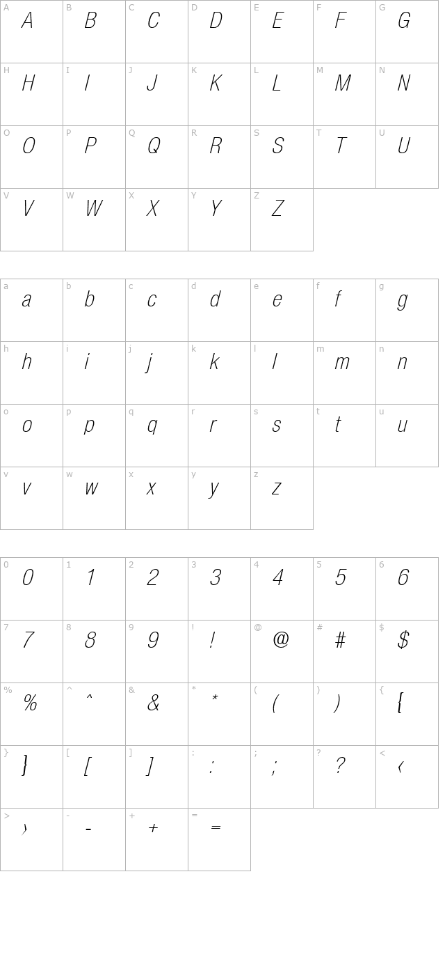 Olnova-LightCondIta character map