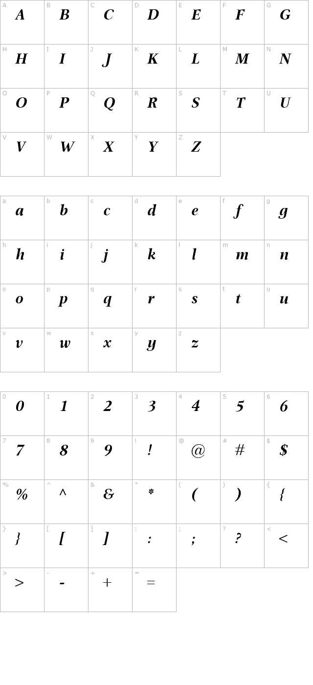 Omnibus BoldItalic character map