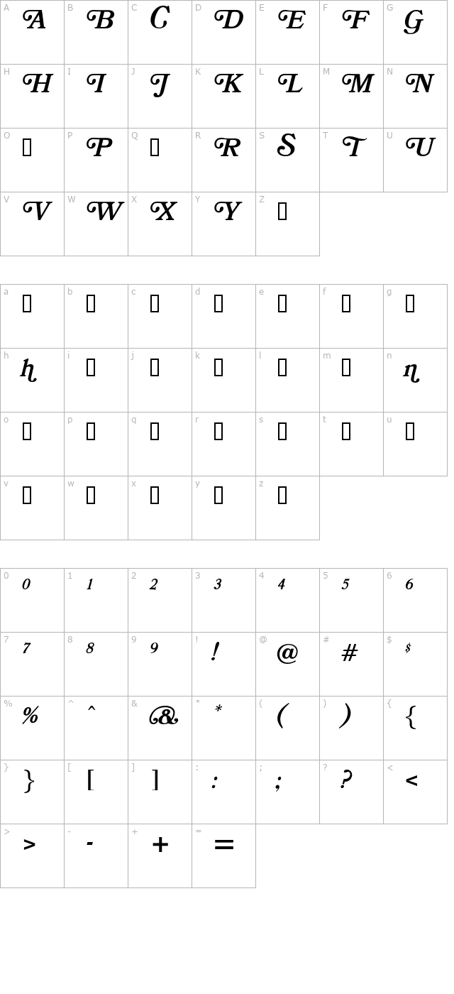 OPTIBookmanBoldItaSwashSup character map