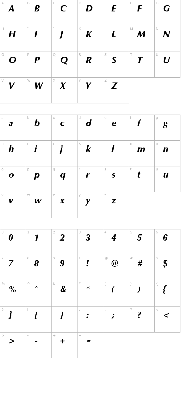 Optim ExtraBold Italic character map